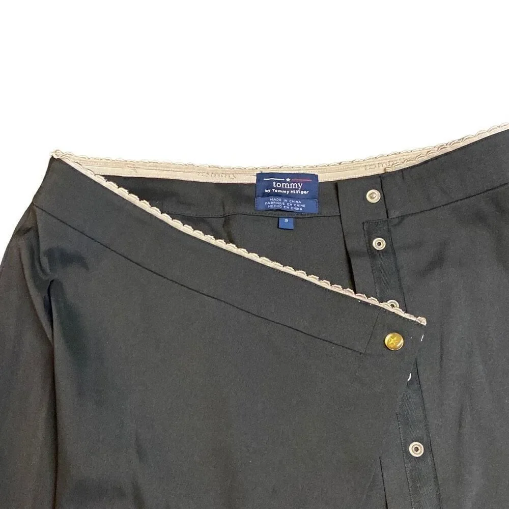 Y2K Tommy Hilfiger Wrap Skirt Snap Front Off Center Black Size 9 VTG 1999